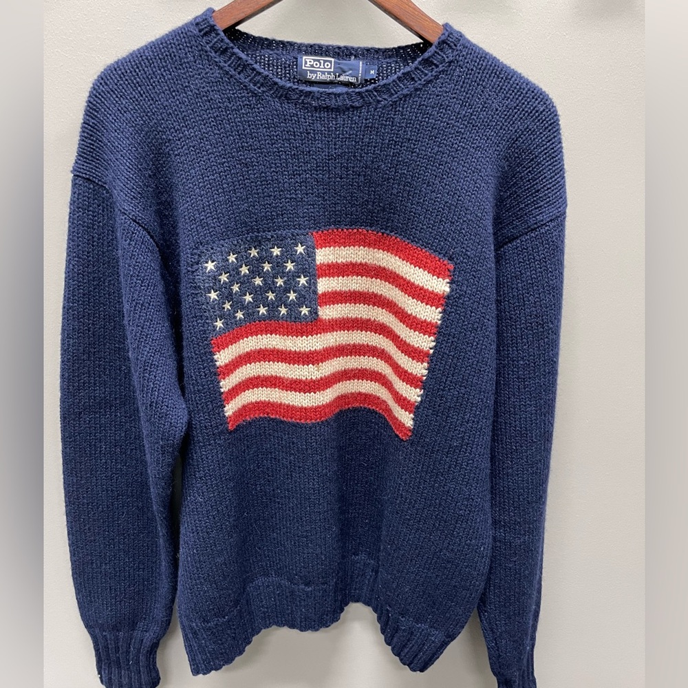 Ralph Lauren Blue Crewneck Sweater with American Flag